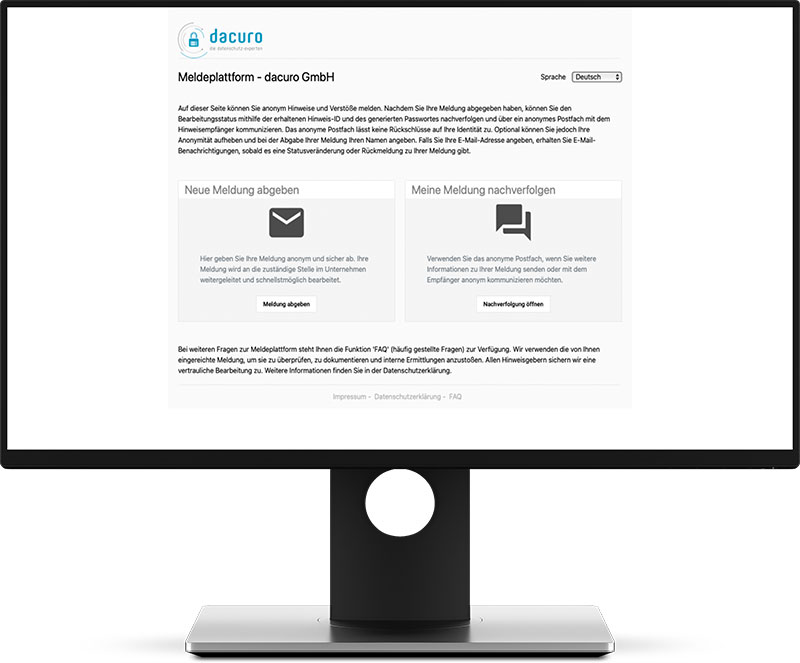 Ansicht des Meldeportals Hinweisgeber.pro, Meldung aufgeben oder Meldung nachverfolgen ganz einfach